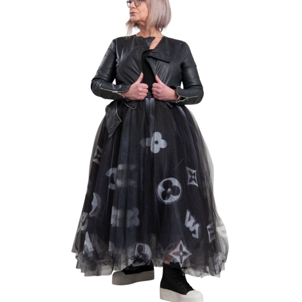 Bread & Butter GO134 Chan Black Printed Tulle Maxi Skirt Made in Italy Large